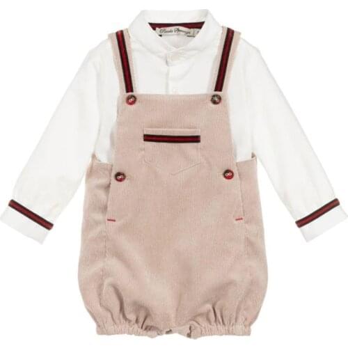 Baby boys vintage Spanish white cotton shirt+Corduroy overalls two piece sets birthday party