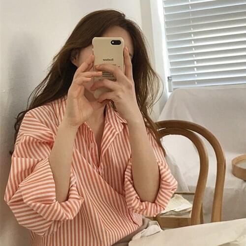 Womens Spring Autumn Blouse Korean Style Lapel Single-breasted Long-sleeved Loose Top New All-match Casual Striped Tops 2021