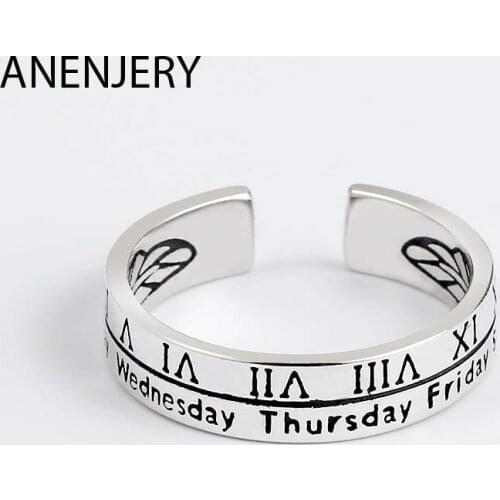 ANENJERY 925 Sterling Silver Rings For Women Novelty Roman Numbers Week Days Ring Adjustable Korean Fashion Jewelry S-R402