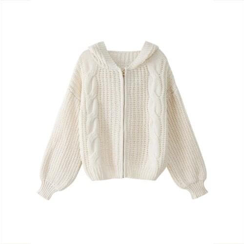 Women elegant twist hood cardigan jumper zipper lady fashion oversized knitted cardigan coat