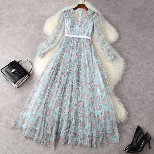 Long Sleeved Dress Summer Women 2021 New Cute Floral Print V-Neck High Waist French Style Holiday Mesh Dress Ankle Length Blue