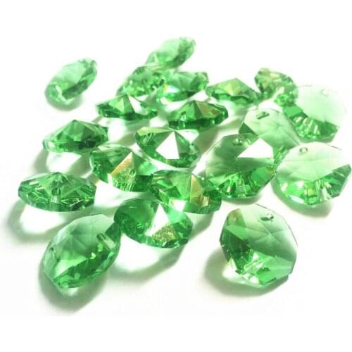 Top Quality 100pcs Light Green 14mm Glass Octagon Chandelie Parts in 2 Holes (Free Rings ) Diy Accessories Crystal Curtain Beads