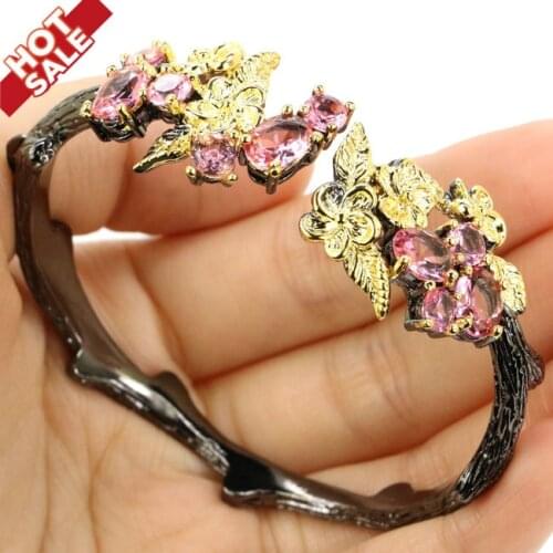 52x25mm Vintage Style 29g Created Pink Morganites Smokey Topaz Black Gold Silver Cuff Bangle Bracelet 7.5 inch