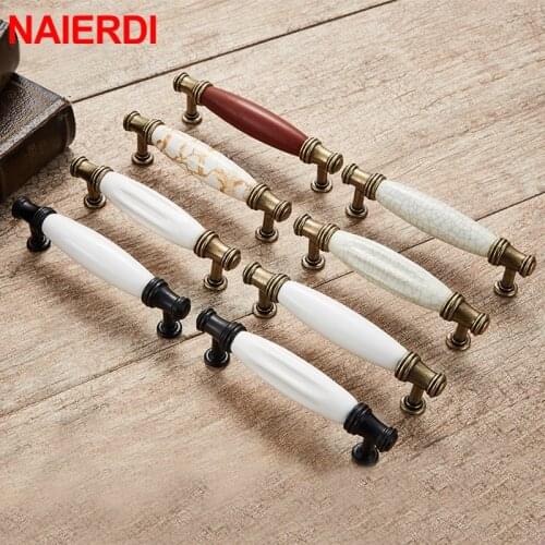 NAIERDI Antique Bronze Ceramic White Cabinet Handles Zinc Alloy Drawer knobs Wardrobe Door Handle European Furniture Hardware