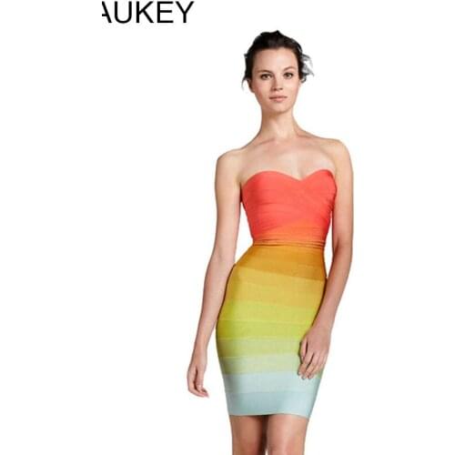 BEAUKEY High Quality Sexy Strapless Women Rayon Rainbow Colorful Mini Bodycon Bandage Dress Backless Party Club Dress Bandage