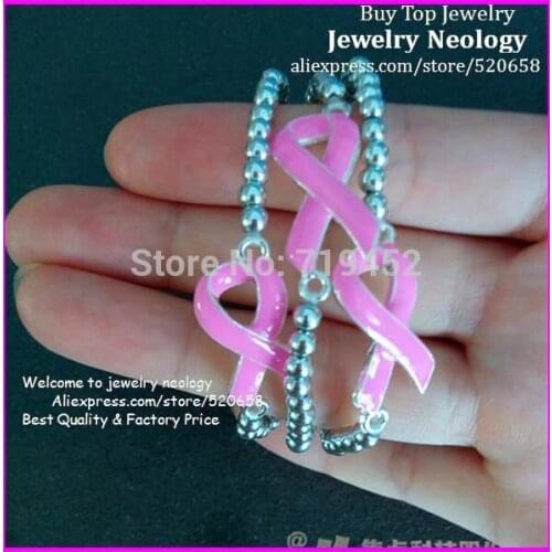 Free ship! 15pcs Fashion tiny bead stretch bracelet pink Enamel ribbon breast cancer awareness sign charm women bracelet