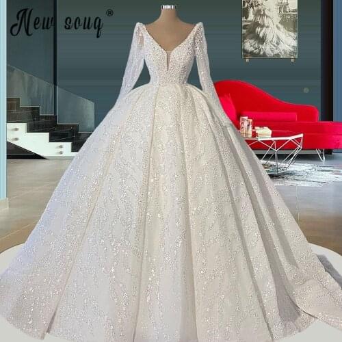 Glitter V Neck Long Sleeve Muslim Ball Gown Wedding Dresses NEW Sparkly Crystals Bridal Gowns Vestido De Noiva Custom Plus Size