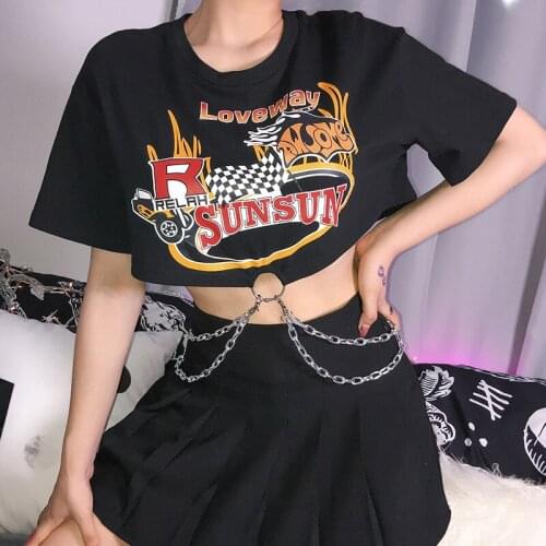 Korean Punk Tshirt Women Black Harajuku Cotton T Shirt Ladies Short Sleeve Printed Top with Chains Streetwear Summer T Shirt