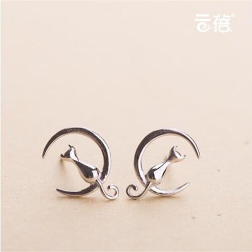 Exquisite Creative 925 Sterling Silver Jewelry Cute Sweet Simple Cat On The Moon Female Anti-allergic Earrings SE231