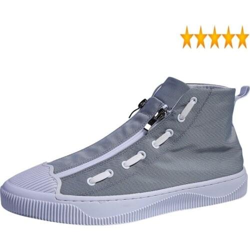 Breathable Men Street Canvas High-Top Shoes Summer Zipper Gray Flat Sneakers Espadrilles Zapatillas Hombre White Trainers