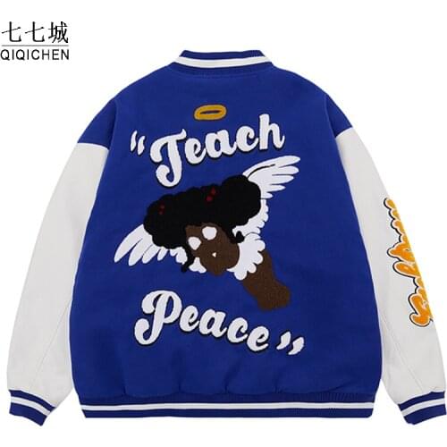 Hip Hop Baseball Jackets Men Women Furry Black Angel Embroidery Patchwork Harajuku Varsity Jacket Bomber Street College Coats