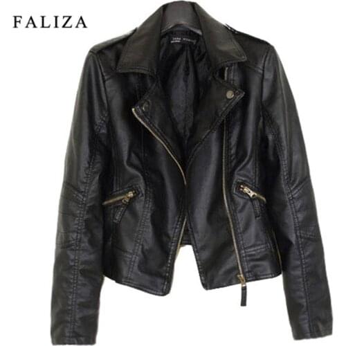 FALIZA 2020 Fashion Womens Jackets New Autumn Short PU Leather Jacket Female Moto Casaco Feminino Turn Down Collar Women JK002