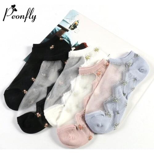 PEONFLY 1 Pair Breathable Ultra Thin Socks 2020 Spring Summer Women Transparent Lace Silk Crystal Rose Flower Short Socks Female
