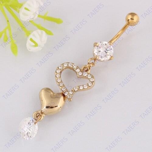 Heart Golden plated belly button ring body piercing Navel jewelry navel ring belly bar 14G 316L surgical steel bar