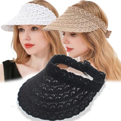 2021 New Sun Visor Hats For Women Fashion Lace Straw Wide Brim Cap Summer UV Protection Foldable Hollow Top Hats Sunscreen Caps