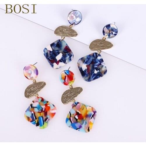 2019 bohemian Acrylic Round Resin Dangle Earring For Women Design Square Shape metal Statement ladies Earring Jewelry wholesale