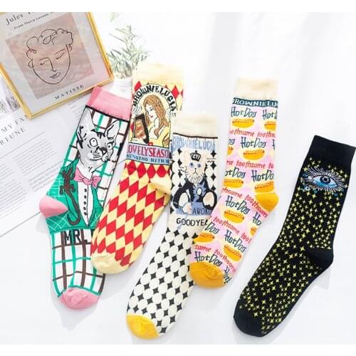 Women Cotton Jacquard Socks Lolita Style Autumn Winter Casual Funny Cartoon Character Colorful Mid Tube Cute Tide Socks Female
