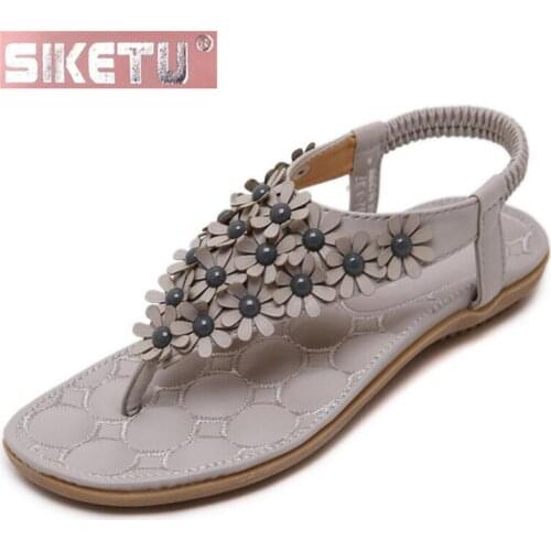 SIKETU shoes woman flat sandals PU rivet Flower Bohemia flip flops Womens shoes Beach shoes drive Office