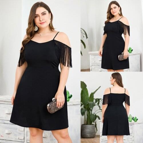 Summer New Tassel V-neck Large Womens Black Mini Dress Spaghetti Straps Backless Business Dress for Party Simple Wear