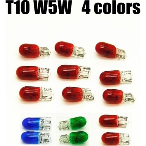 100pcs red green warm white T10 W5W 194 12V 5W wedges clear interior instrument lights halogen bulb