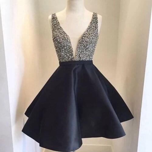 Black Deep V Neck Short/Mini Homecoming Dresses 2021 Ball Gown Crystals Sleeveless Cocktail Dresses Sexy Prom Party Dresses