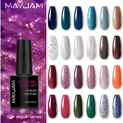8ml Glitter Nail Varnish Star Sequins Manicure Gel Lacquer Semi Permanent UV LED Lamp Nail Varnishes Base Top Coat Gel Polish