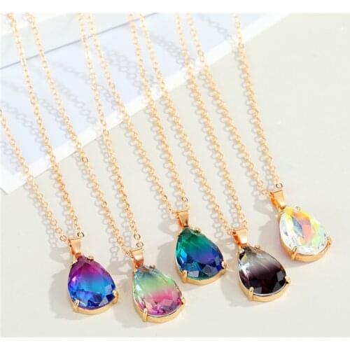 1Pcs Blingbling Crystal Water Drop Necklace For Women Jewelry Minimalist Gradient Colorful Geometric Pendant Clavicle Chain