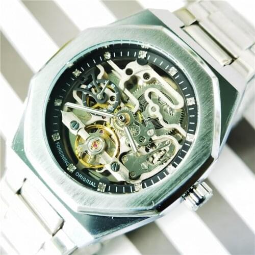 Forsining Fashion Metal Army Automatic Mechanical Watch For Men Stainless Steel Strap Steampunk Skeleton Man Clock Dropshipping