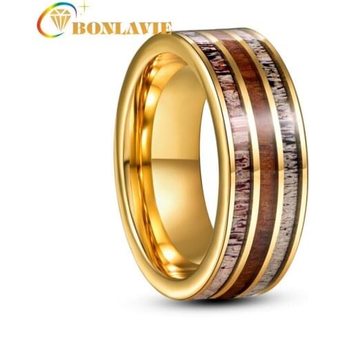 8mm Electric Gold Inlaid Deer Antler Wood Grain Tungsten Carbide Ring Mens Fashion Wedding Jewelry Gift