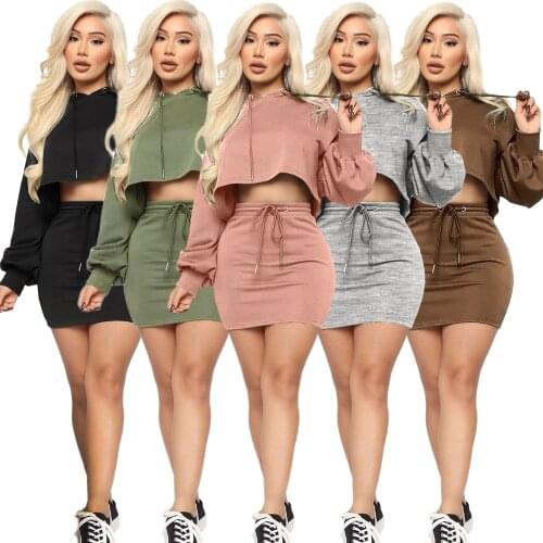 Two Piece Set Women Autumn Long Sleeve Crop Top Sweatshirt Bandage Mini Skirt set Ladies Party Club Streetwear 2 Piece set