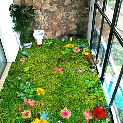 Custom Mural Wallpaper Modern Pastoral Flowers Grass Lawn 3D Floor Tile Sticker Balcony Living Room PVC Self Adhesive Wall Paper