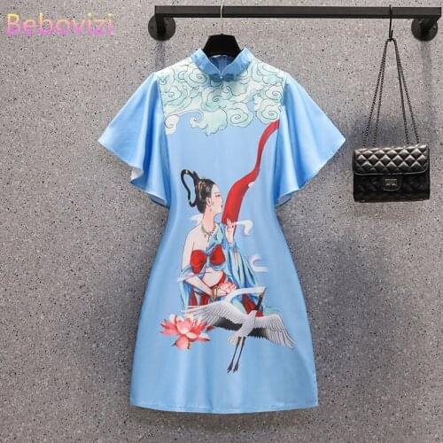 Ins M-4XL 2022 New Blue Fashion Modern Chinese Cheongsam A-line Dress Women Short Sleeve Qipao Traditional Chinese Clothes