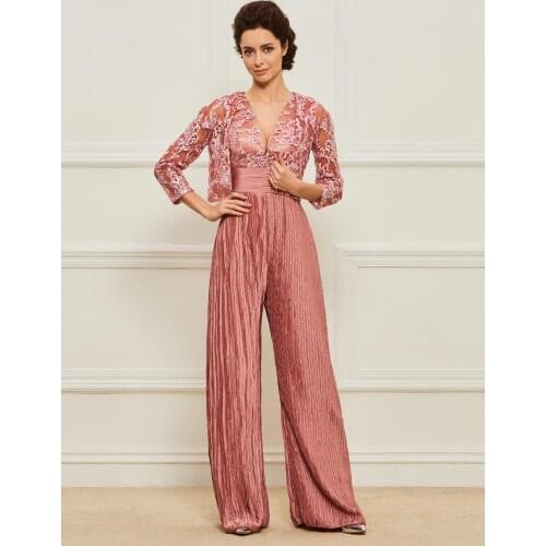 New in fashion V-neck sleeveless natural wide-waisted straight pleat belt long mother dresses/gowns for wedding with lace jacket