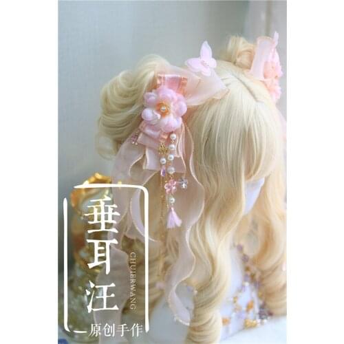 Handmade Original Ancient style lolita Cherry blossoms blowing dream Asgard Moon rabbit Classical Tassel Side clip Headdress