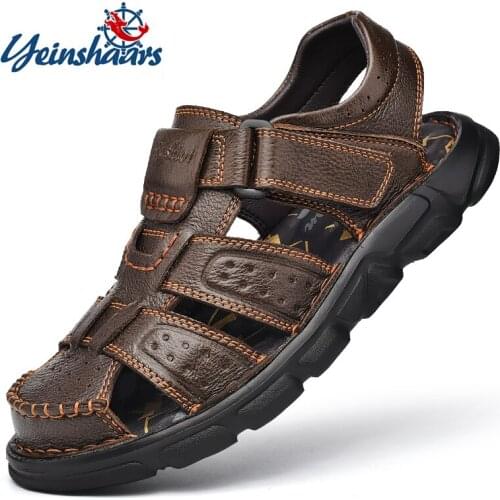 YEINSHAARS Men Sandals 2021 Retro Summer Shoes Genuine Leather Sandals Men Beach Shoes High Quality Cow Leather Sandals for Men
