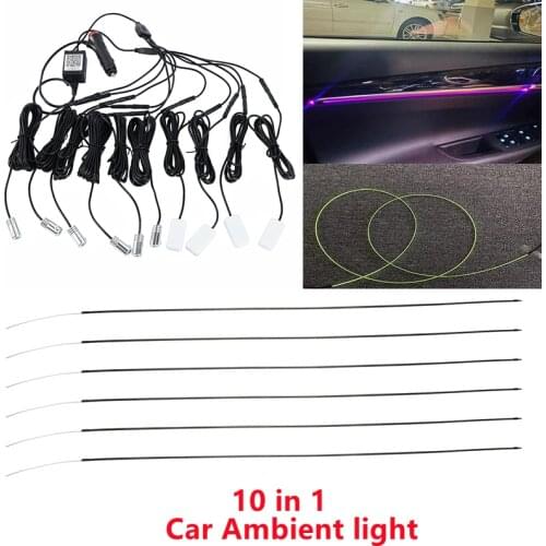 10 in 1 RGB LED Atmosphere Car Light Interior Ambient Light Acrylic Fiber Optic Strips Light by App Control DIY Music car lights