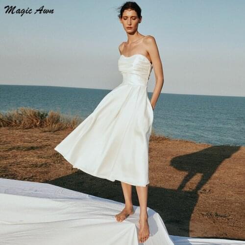 Magic Awn Simple Beach Wedding Dresses 2021 Sweetheart Pearls Beaded Tea Length Boho Bridal Gowns With Pockets Vestidos De Novia