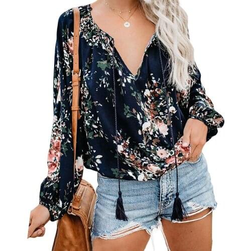 Women Boho Floral Print Tassel Drawstring V Neck Long Sleeve Loose Blouse Top