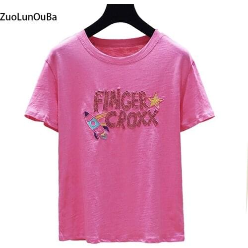 ZuoLunOuBa Women Musim Panas Baru T Shirt Sulaman Surat Sequin Kasual Longgar Tops O Leher Wanita Tees Kapas Atasan S-L