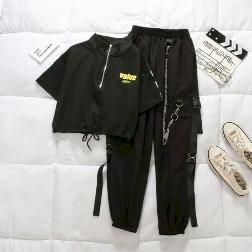 Womens Fashion Sports Suits 2021 Summer Cotton Suit Loose Handsome Beamed Overalls Two-piece Sets Cargo Trousers Woman Tshirts