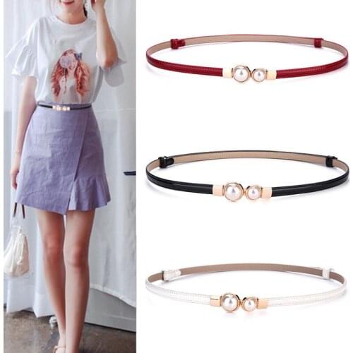 Womens Stylish Cowhide Strap Gold Pearls Buckle Skinny Waist Belts For Dress Female Designer Fashion Lady Cummerbunds Belt