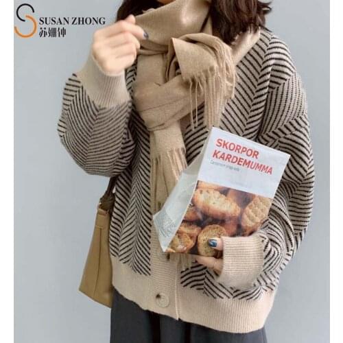 Women Cardigans Female Sweaters Lady Knitwear Mid-Long Autumn Winter V-Neck Drop Shoulder Buttons Loose Vintage Stripe Pattern