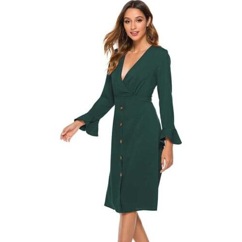 2021 Femal Solid Casual High Waist Spring Summer Long Sleeve Dress Sexy Button Chic Fashion V Neck Ladies Dress