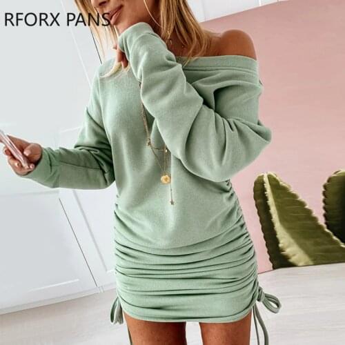 Women Solid Drawstring Ruched Long Sleeve Dress Casual Dress Elegant Party Dress