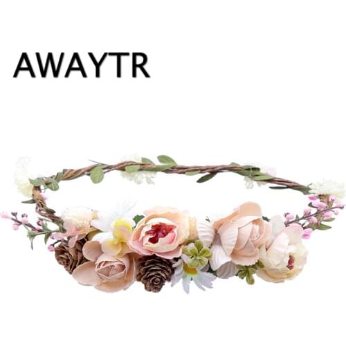 AWAYTR Handmade Wedding Bride Flower Wreath Hair Accessory Party Woman Cloth Flower Crown Hair Bands Retro Wreath Hair Garland