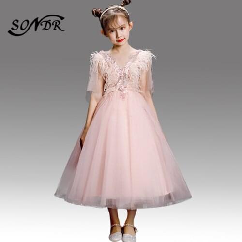 V-neck Flower Girl Ball Gowns HT141 Tassel Pink Flower Girl Dress for Weddings 2020 Half Sleeve Pearls Kids Flower Dresses