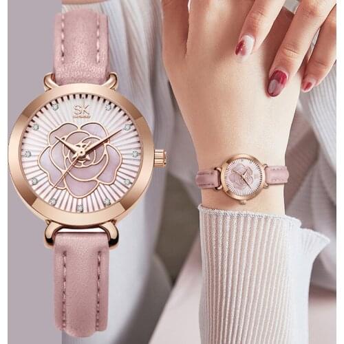 SHENGKE Brand Elegant Women Watches Pink Genuine Leather Flower Rose Pattern Minimalism Female Quartz Wristwatch Business Clock