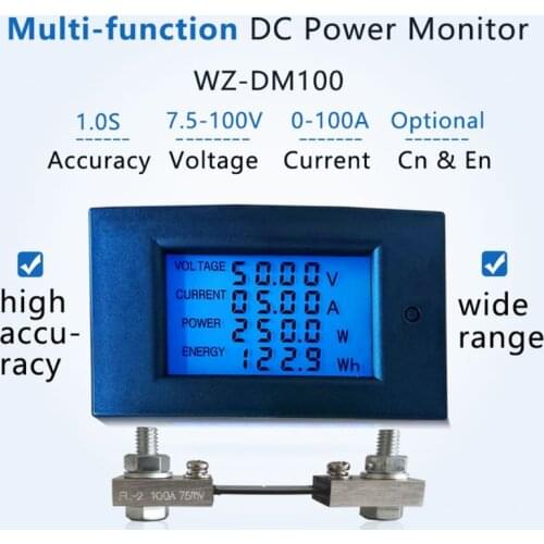 DC 7.5-100V 100A 10kW Power Energy Meter Wattmeter Electrical Panel Gauge Monitor Digital Display Volt kwh Watt Amp