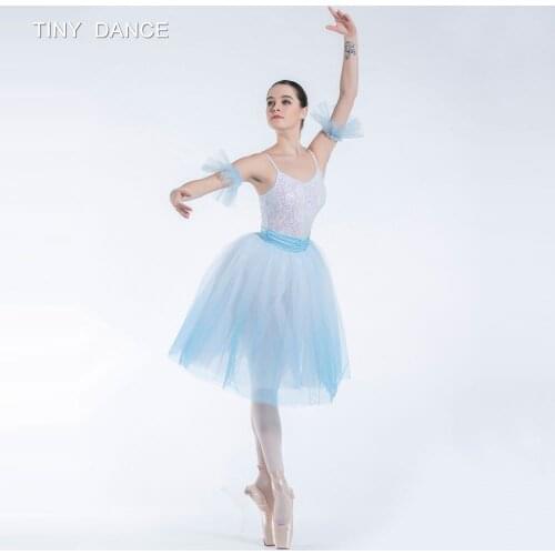 Ombre Blue Long Ballet Tutu Camisole White Sequin Lace Bodice with Romantic Length Tutu Dancing Dress for Girls and Women 19163