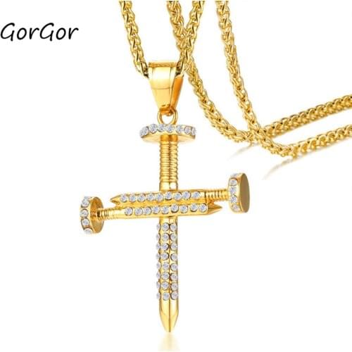 GorGor 2020 Trendy Classic Titanium Steel with Rhinestone Gold Cross Necklace Pendant for Fashion Men Jewelry Gift PN-1198